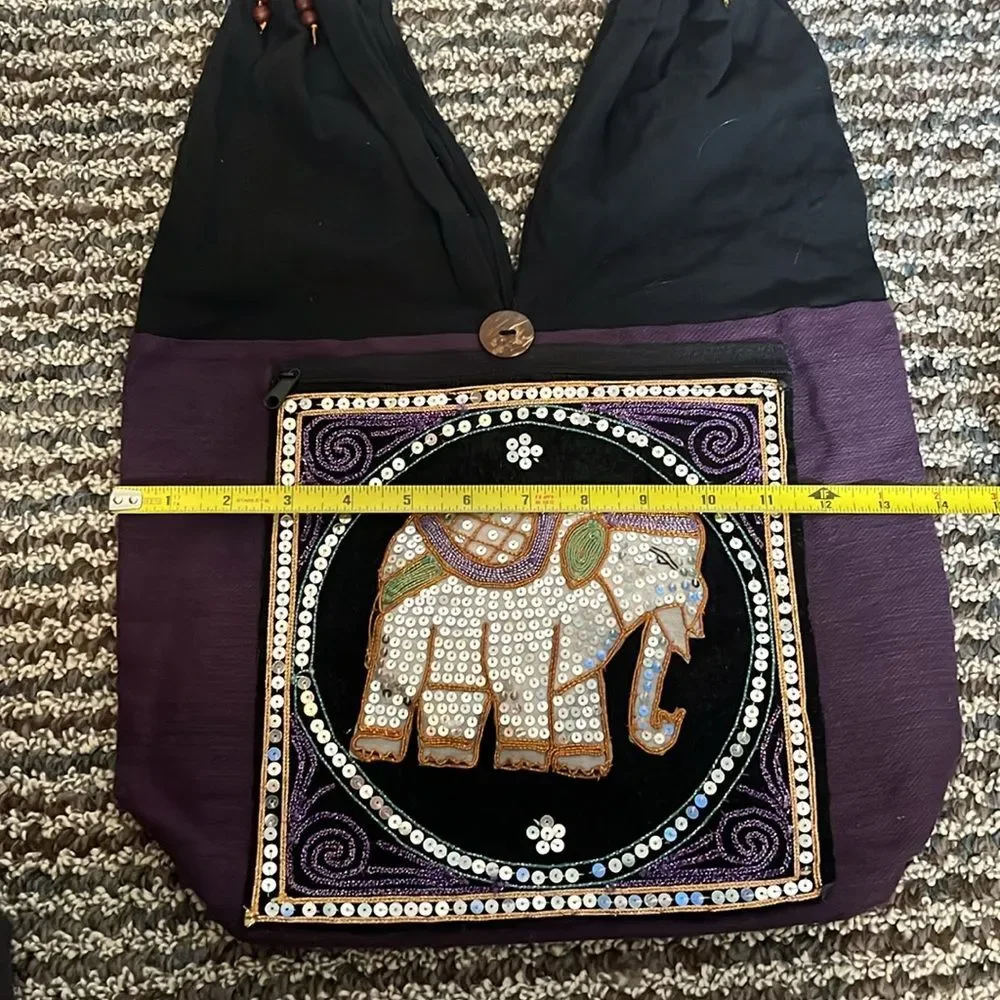 Embroidered Sequin Elephant Purse Shoulder Bag Tote Elephant Thailand Hobo Beads